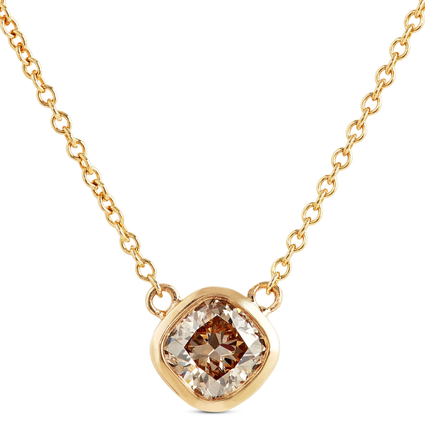 Cushion cut brown diamond necklace in 14K yellow gold against white background