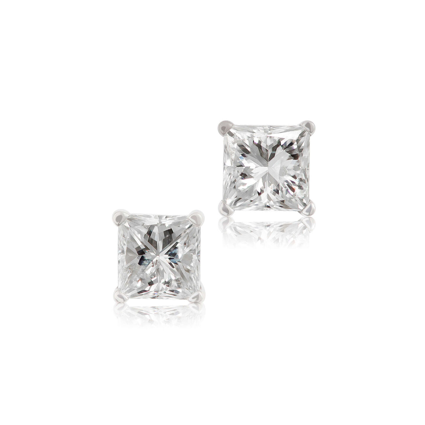 Princess cut diamond stud earrings sparkle against a white background