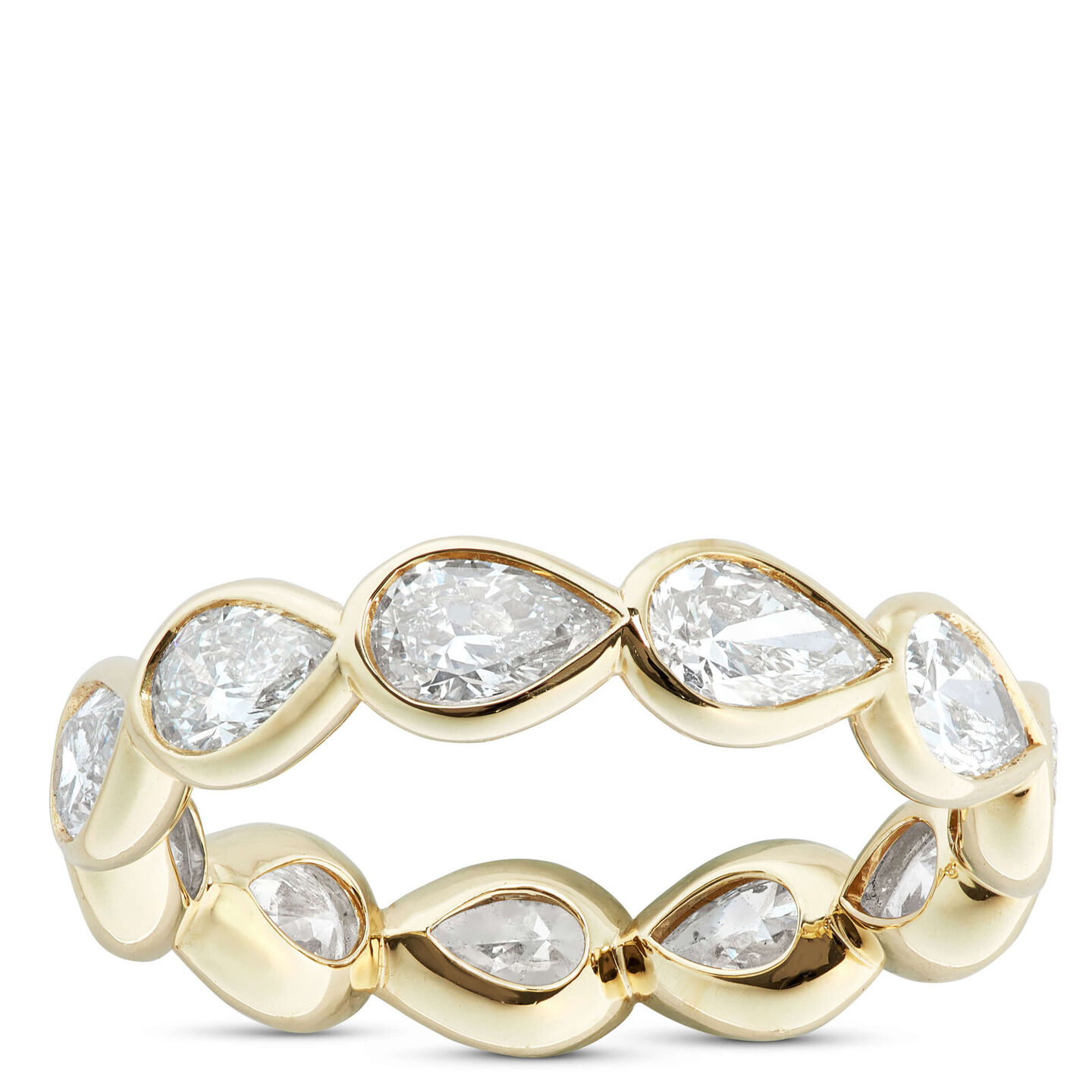 Pear shaped diamond ring in 14k yellow gold with a white background