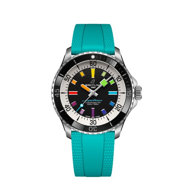 Breitling Superocean Automatic Diver Black Dial Turquoise Rubber Strap Watch, 42mm
