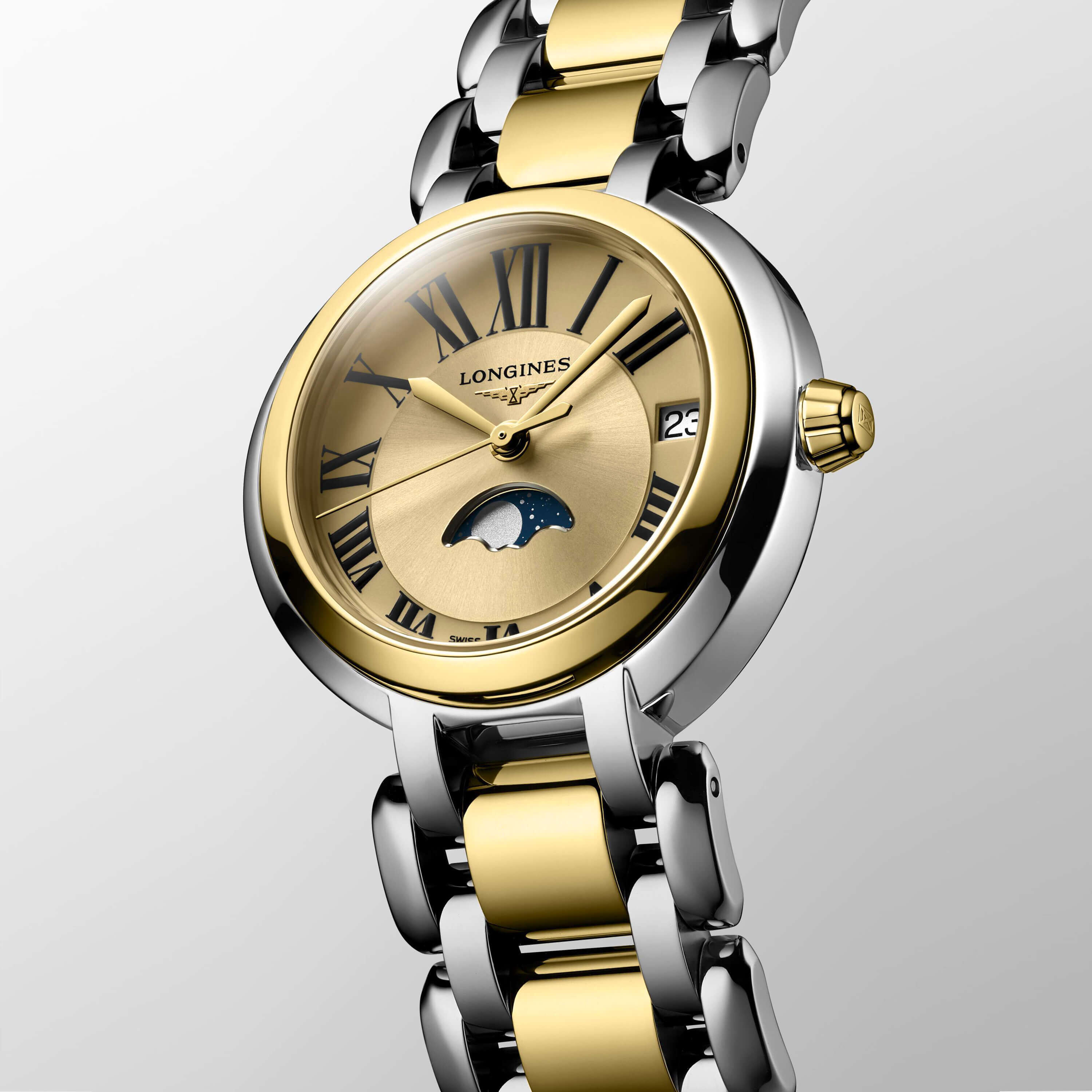 Longines PrimaLuna Watch Gold Dial Steel Bracelet 30mm