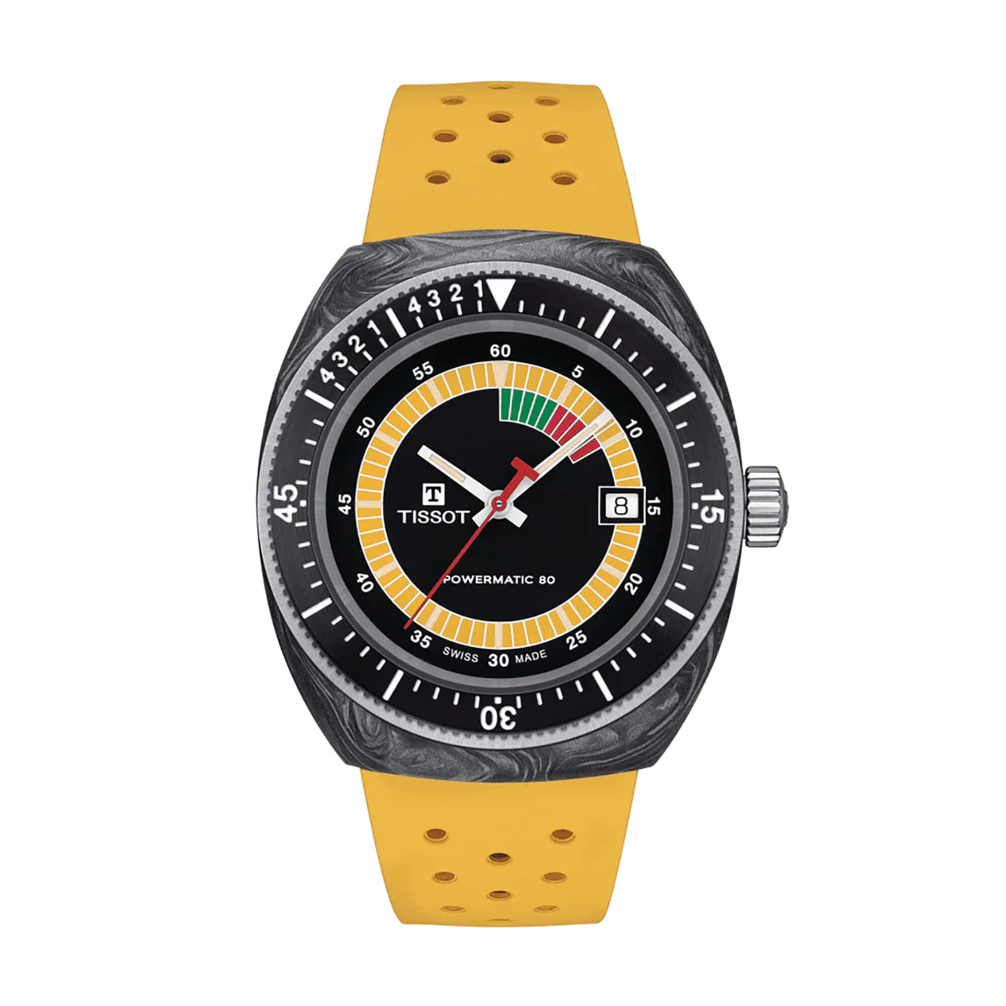 Tissot Siderals Powermatic 80 Watch Black Dial Yellow Rubber Strap, 41mm
