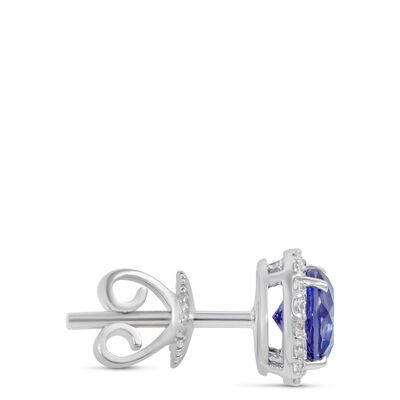 Blue Tanzanite and Diamond Halo Studs, 14K White Gold