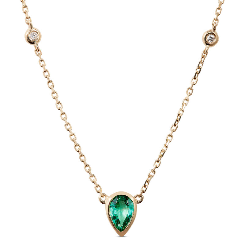 Pear Cut Emerald and Diamond Necklace, 14K Yellow Gold image number 0