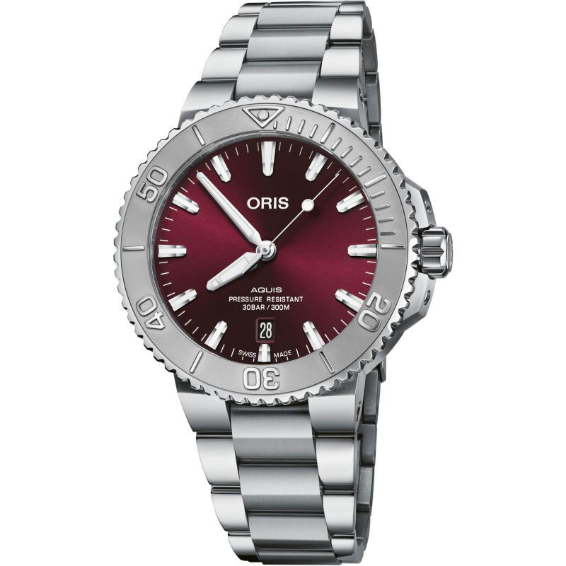 Oris Aquis Date Relief Watch Cherry Red Dial Steel Bracelet 41.5mm