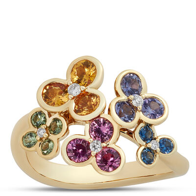 Floral Rainbow Sapphire Ring, 14k Yellow Gold