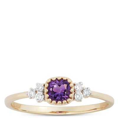 Cushion Cut Amethyst and Diamond Ring, 14K Yellow Gold