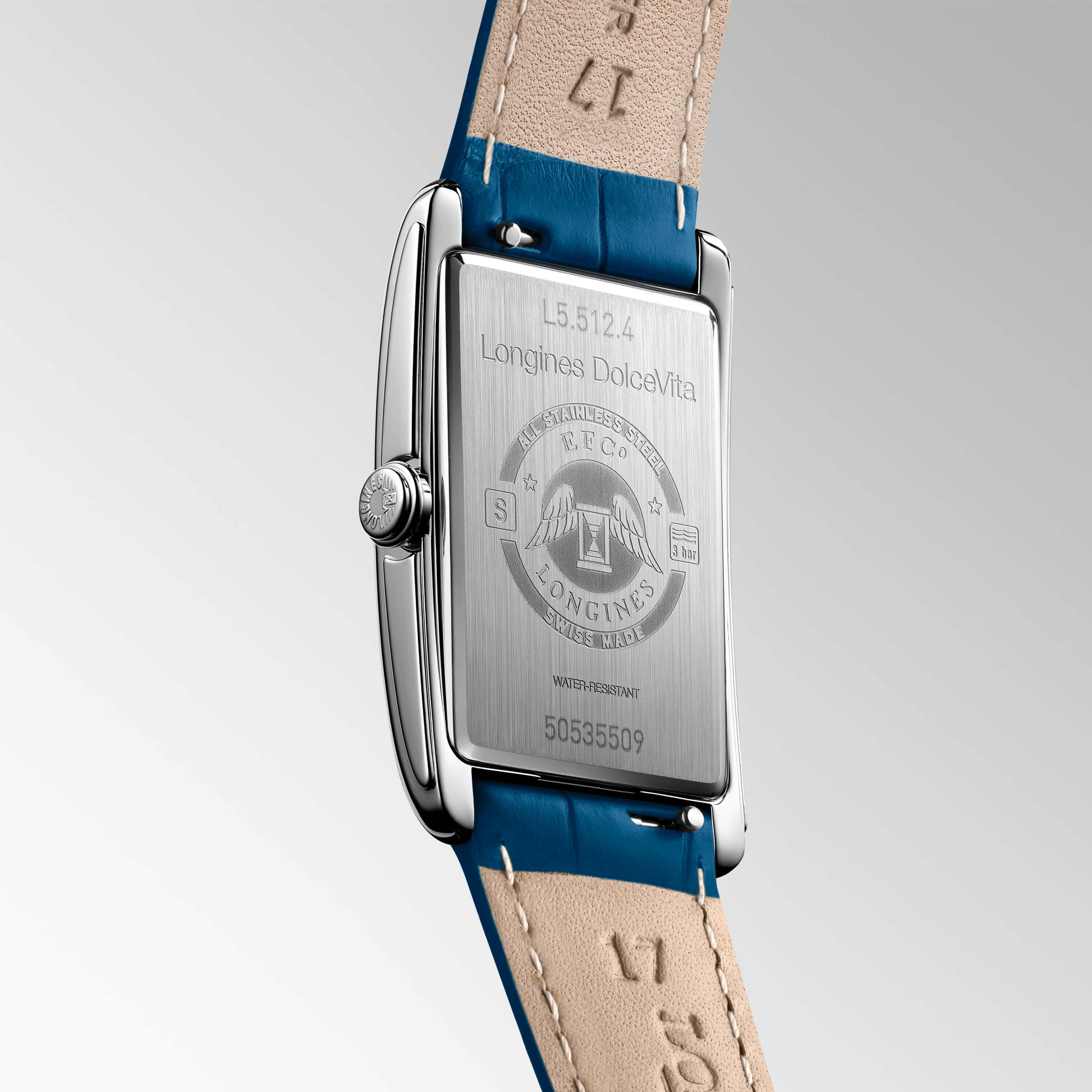 Longines DolceVita Watch Rectangle Blue Dial Blue Leather Strap 23mm