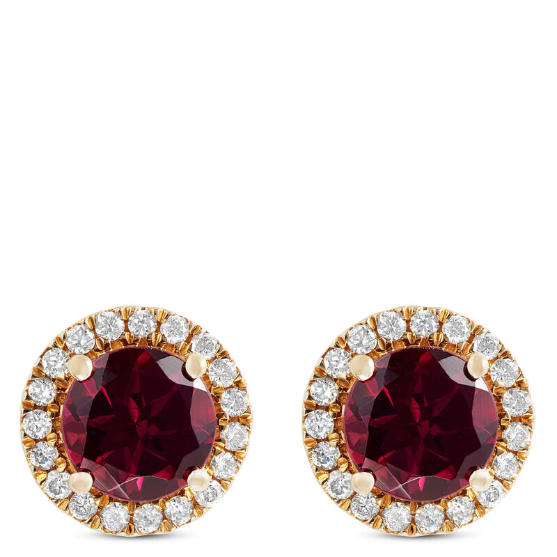Round Cut Rhodolite and Diamond Halo Earrings, 14K Yellow Gold image number 0