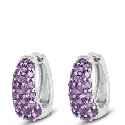 Pave Amethyst Hoops, 14k White Gold