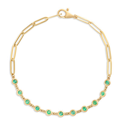 Paperclip Link Bracelet With Round Emeralds, 14K Yellow Gold