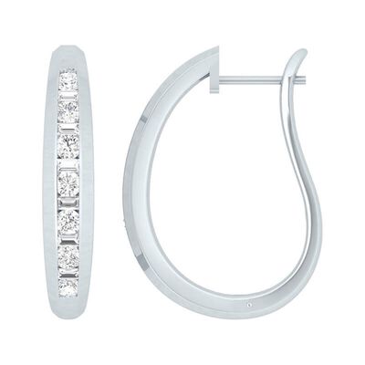 Baguette and Round Diamond Hoop Earrings, 14K White Gold