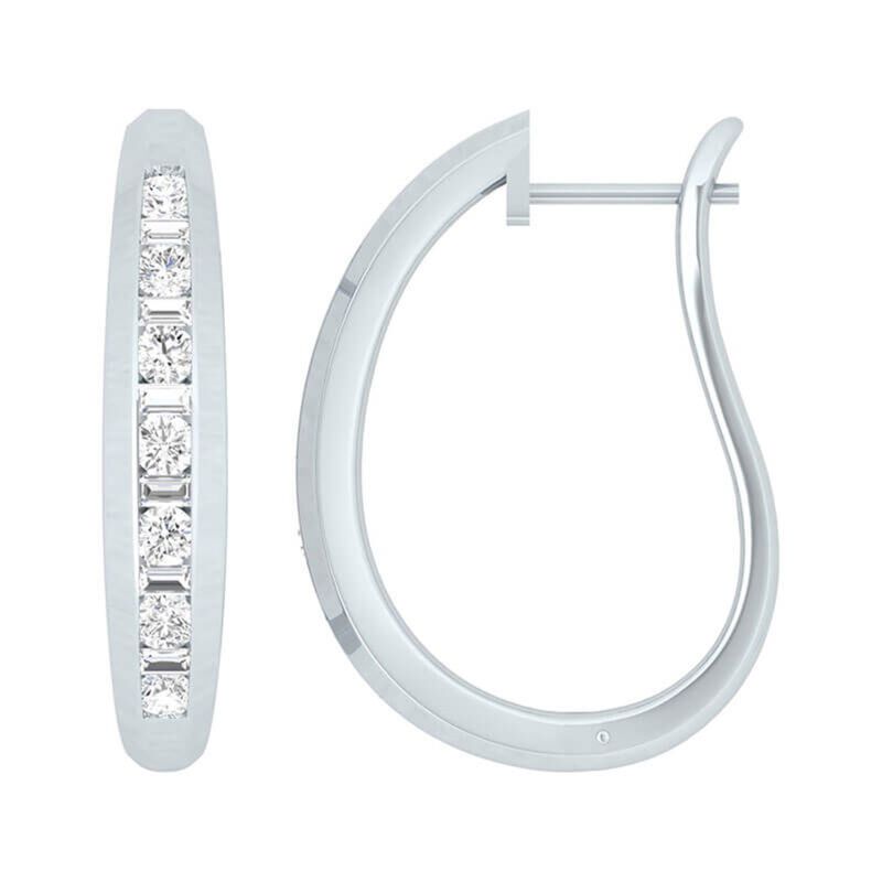 Baguette and Round Diamond Hoop Earrings, 14K White Gold image number 0