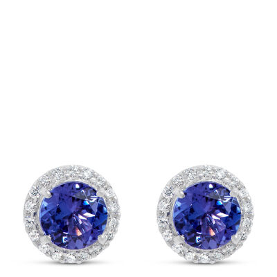 Blue Tanzanite and Diamond Halo Studs, 14K White Gold