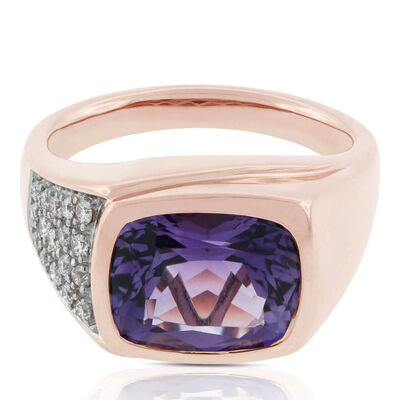 Rose Gold Cushion Amethyst & Diamond Ring 14K