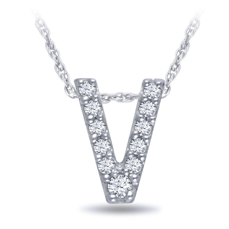 14K White Gold Diamond Letter V Pendant Necklace