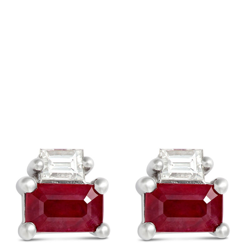 Emerald Cut Ruby and Baguette Diamond Studs image number 0