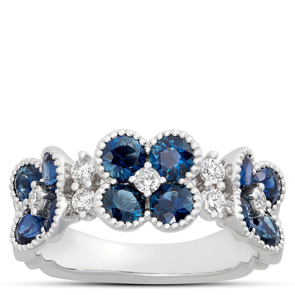 Sapphire and Diamond Flowers Ring, 14K White Gold