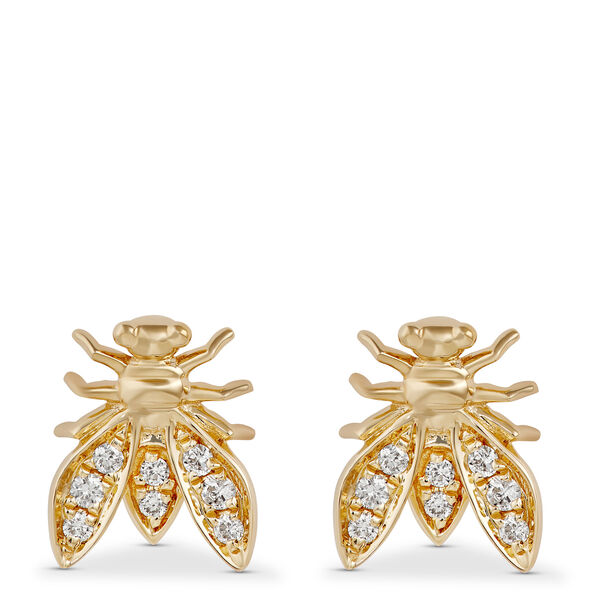 Bee Shaped Diamond Cluster Earrings, 14K Yellow Gold