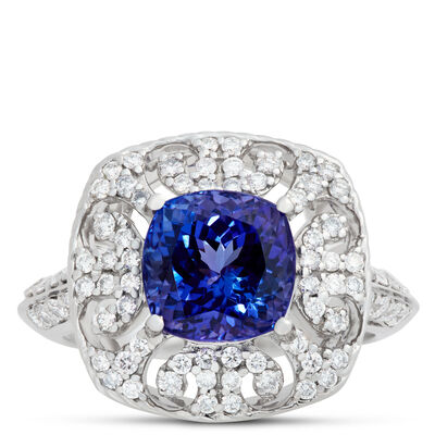 Cushion Tanzanite and Diamond Ring, 14K White Gold