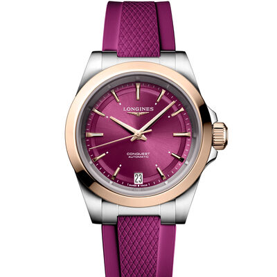 Longines Conquest Purple Dial and Purple Rubber Strap Watch, 34mm