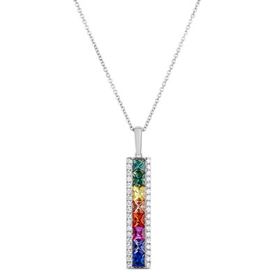 Rainbow Sapphire Bar Pendant, 14K White Gold