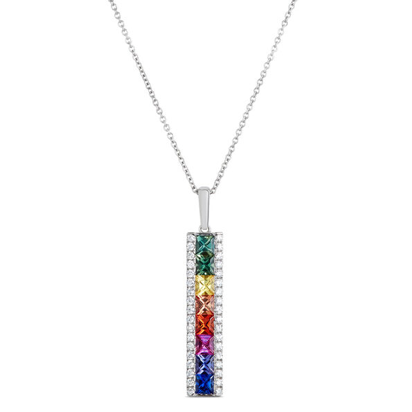 Rainbow Sapphire Bar Pendant, 14K White Gold