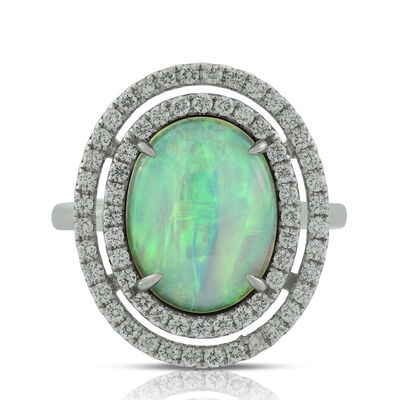 Double  Halo Opal & Diamond Ring 14K