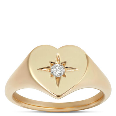 Ikuma Heart-Shaped Diamond Signet Pinky Ring Size 4.5, 14K Yellow Gold