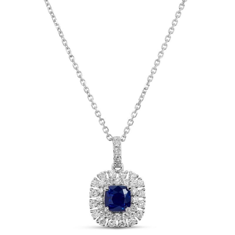 Sapphire and Diamond Halo Necklace, 18K White Gold image number 0