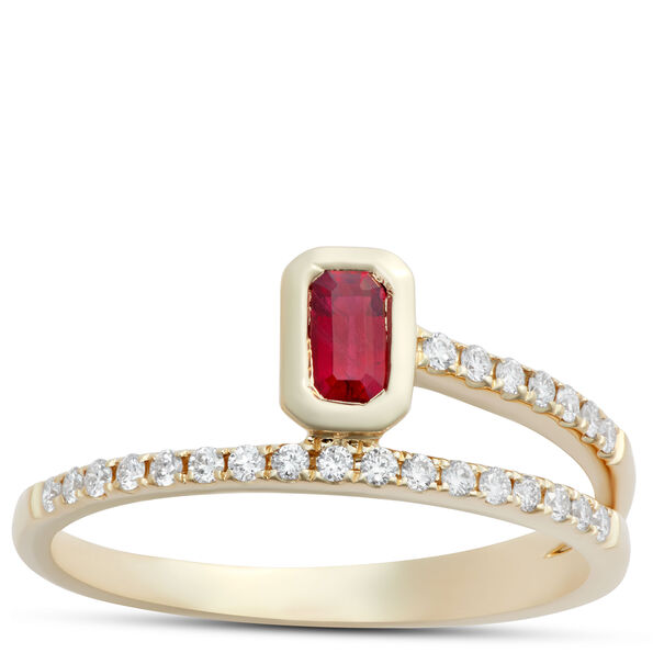 Emerald Cut Ruby and Round Diamond Ring, 14K Yellow Gold