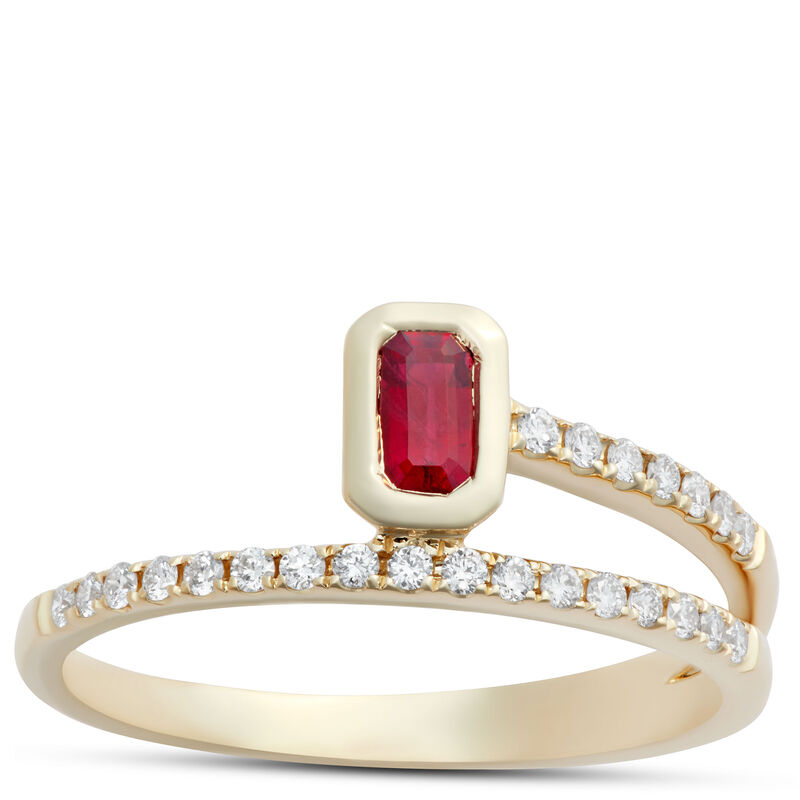 Emerald Cut Ruby and Round Diamond Ring, 14K Yellow Gold image number 0