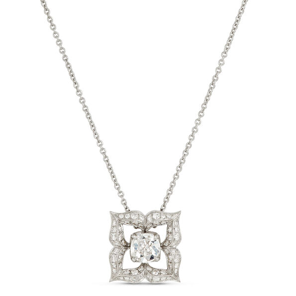 Rose and Round Cut Diamond Pendant Necklace, 18K White Gold