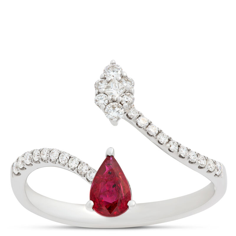 Pear Ruby and Diamond Bypass Ring, 14K White Gold image number 0