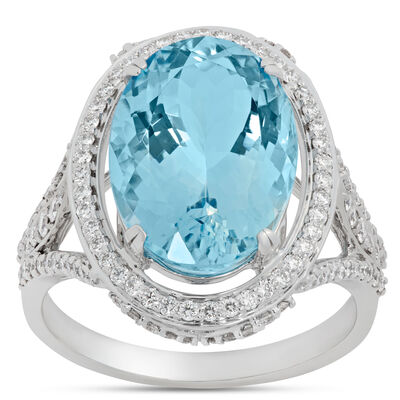 Oval Aquamarine and Diamond Ring, 14K White Gold