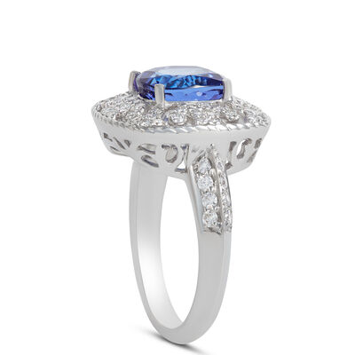 Cushion Tanzanite and Diamond Ring, 14K White Gold