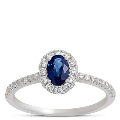 Oval Blue Sapphire and Round Diamond Ring, 1K White Gold