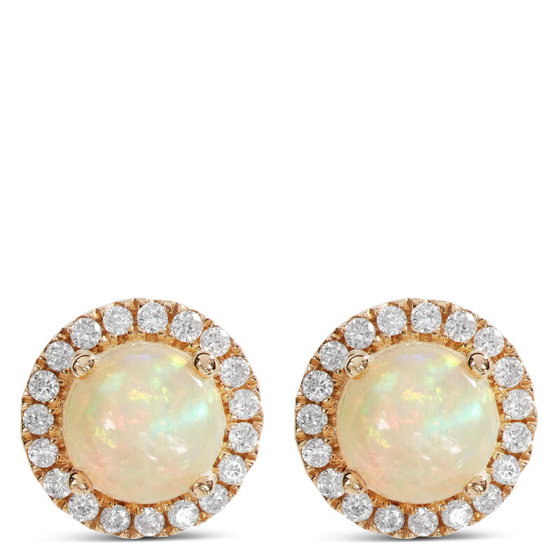 Round Cut Opal and Diamond Halo Earrings, 14K Yellow Gold image number 0