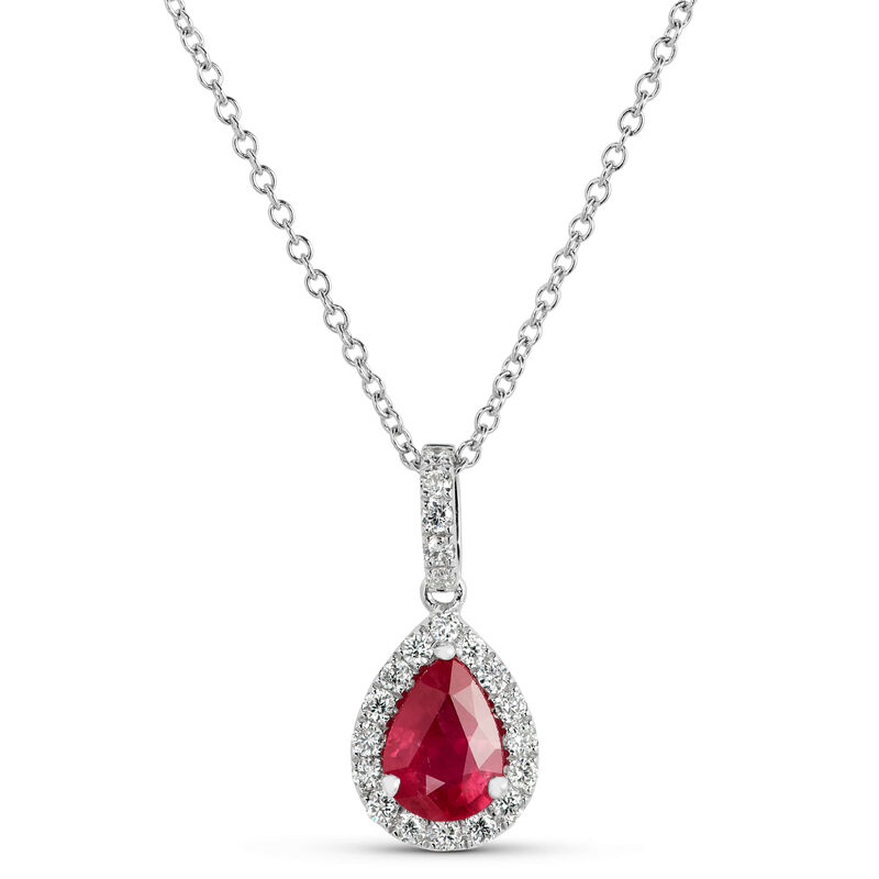 Pear Shaped Ruby and Diamond Halo Pendant Necklace, 14K White Gold image number 0