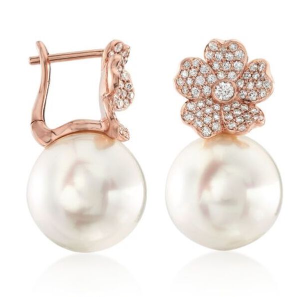 Mikimoto Rose Gold Cultured South Sea Pearl & Diamond Cherry Blossom Earrings 18K