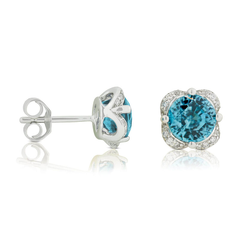Blue Zircon & Diamond Flower Stud Earrings 14K image number 0