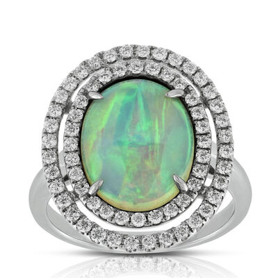 Double  Halo Opal & Diamond Ring 14K