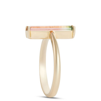 Bi-Colored Emerald Cut Tourmaline Ring, 14K Yellow Gold