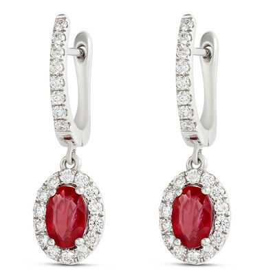 Oval Ruby and Diamond Dangle Earrings, 14K White Gold