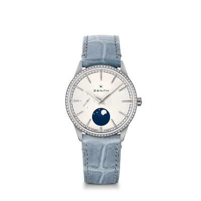 Zenith ELITE Moonphase Watch White Dial Blue Leather Strap, 36mm