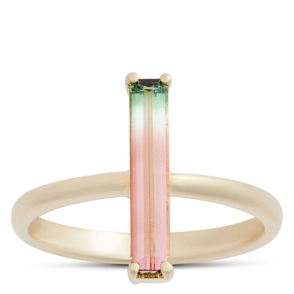 Bi-Colored Emerald Cut Tourmaline Ring, 14K Yellow Gold