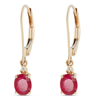 Oval Ruby and Diamond Dangle Earrings, 14K Yellow Gold