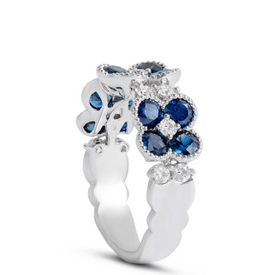 Sapphire and Diamond Flowers Ring, 14K White Gold