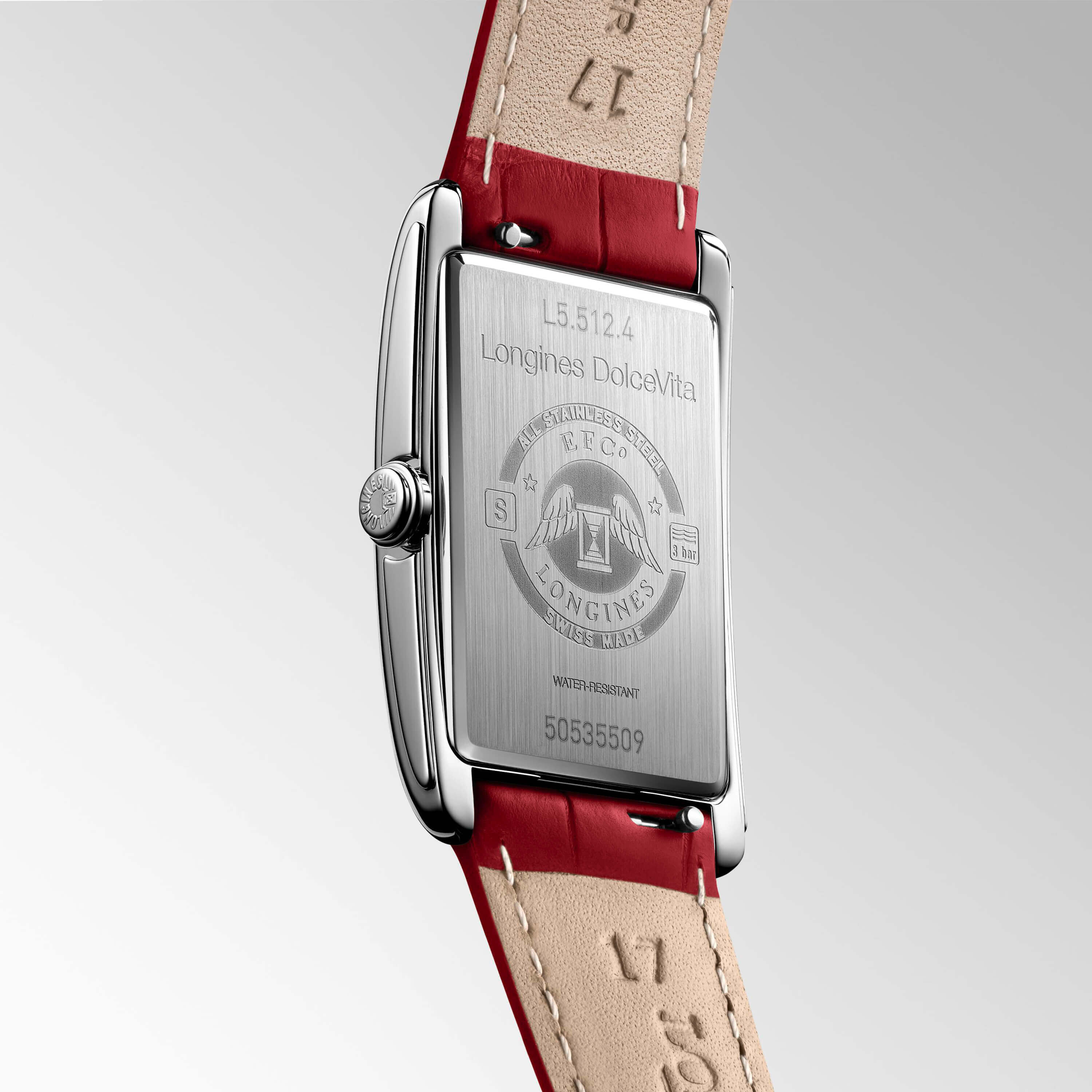 Longines DolceVita Watch Rectangle Red Dial Red Leather Strap 23mm