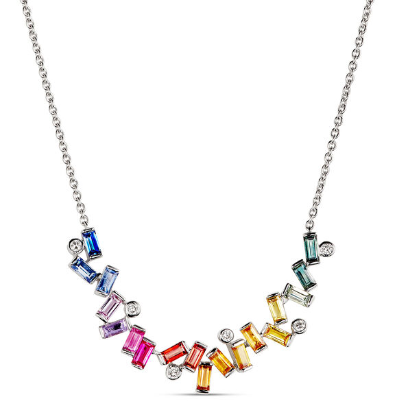 Rainbow Sapphire and Round Diamond Necklace, 14K White Gold